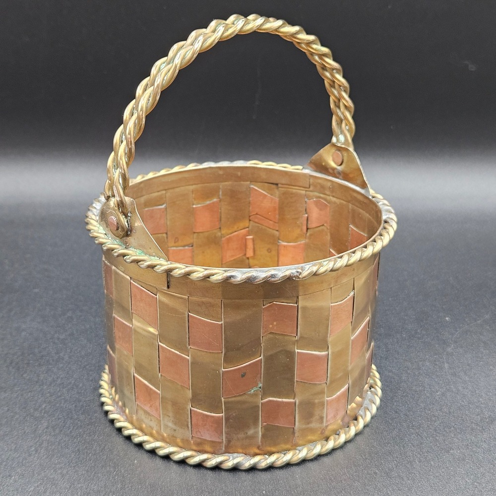 Vintage Penco Brass and Copper Woven Basket Twisted Handle Made in India 6in